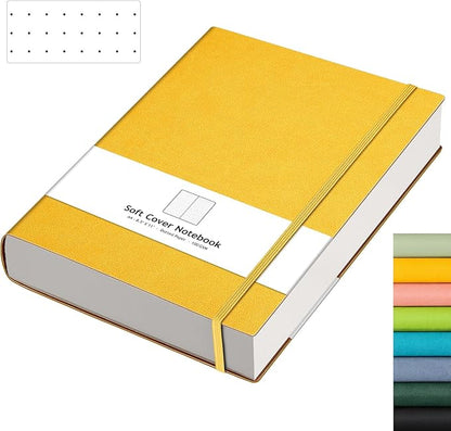 AHGXG Bullet Dotted Journal - Large A4 Notebook Dotted, 8.5''×11'', 320 Pages Dot Grid Notebook, 100gsm Thick Paper, Leather Softcover, with Journal Stencils, Inner Pocket - Yellow