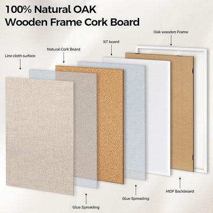 Fun Memories Cork Board Bulletin Board for Office, 24" x 36" Oak Wooden Framed Corkboard, Wall Mounted Notice Pin Board for School Home & Office, White