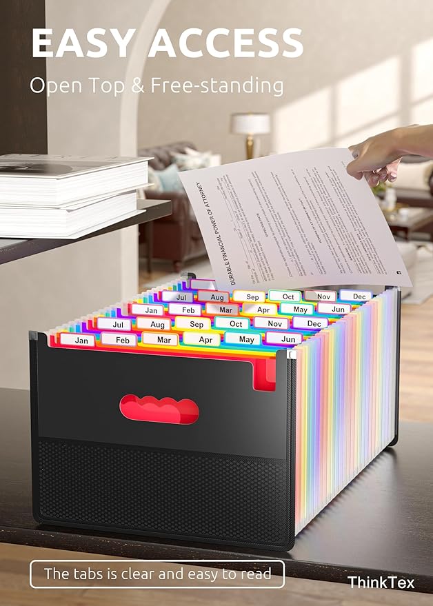 ThinkTex 26 Pockets Expanding File Folder, Upright & Coverless, A-Z Colorful Tabs, Larger Capacity Accordion Folder, Letter/A4 Size for School, Home and Office