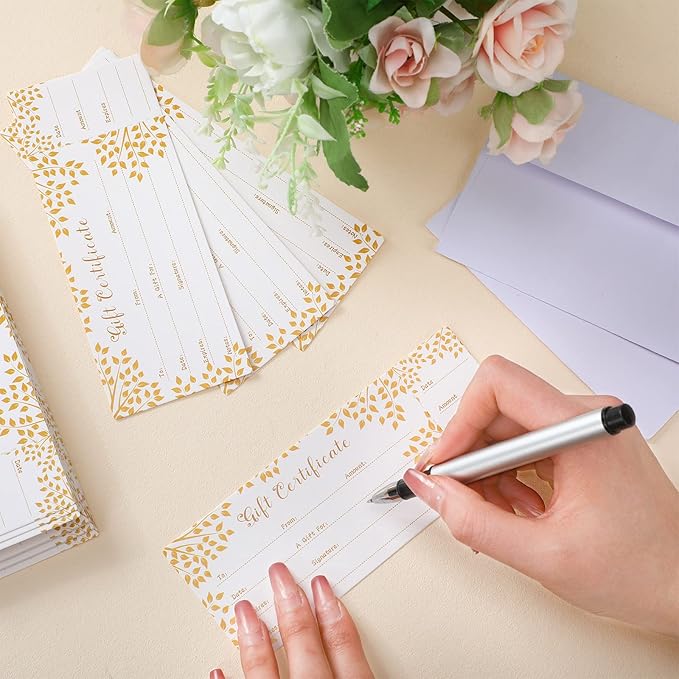 Sinmoe 50 Sets Gift Certificate for Business with 50 Pcs Envelopes Blank Gift Certificate Cards with Name and Address Rustic for Beauty Salon Restaurants Birthday(4.72 x 2.36 Inch, Branch Style)