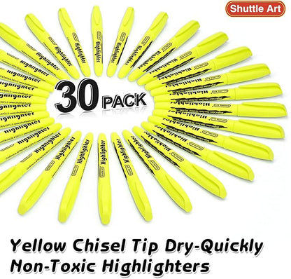 Shuttle Art Yellow Highlighters, 30 Pack Highlighters Bright Colors, Chisel Tip Dry-Quickly Non-Toxic Highlighter markers for Adults Kids Highlighting in Home School Office