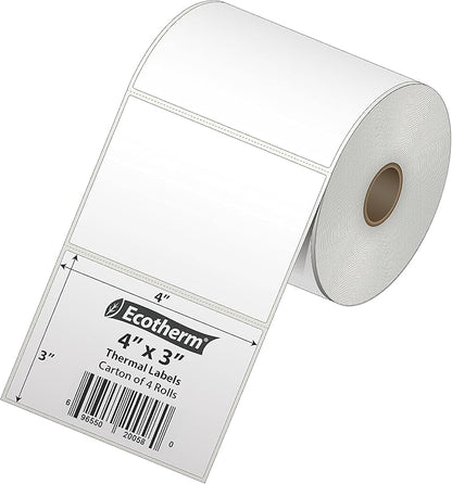 4" x 3" Thermal Labels | 4 Rolls | 2100 Labels | fits Zebra, Munbyn, Rollo, Godex, Arkscan, iDPRT, Offnova Thermal Label Printers and More | Blank White Adhesive Stickers by Ecotherm