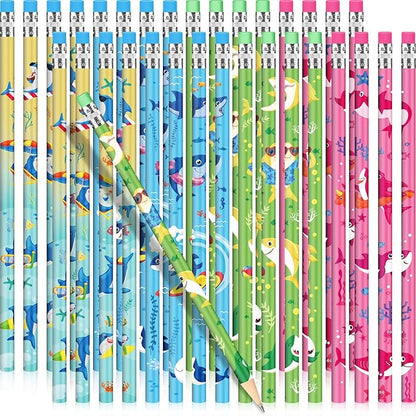 Geyee 36 Pcs Space Pencils Hawaiian Shark Themed Party Favors Assorted Novelty Fun Wood Writing Pencils with Erasers for Birthday Party Teacher Supplies(Shark)