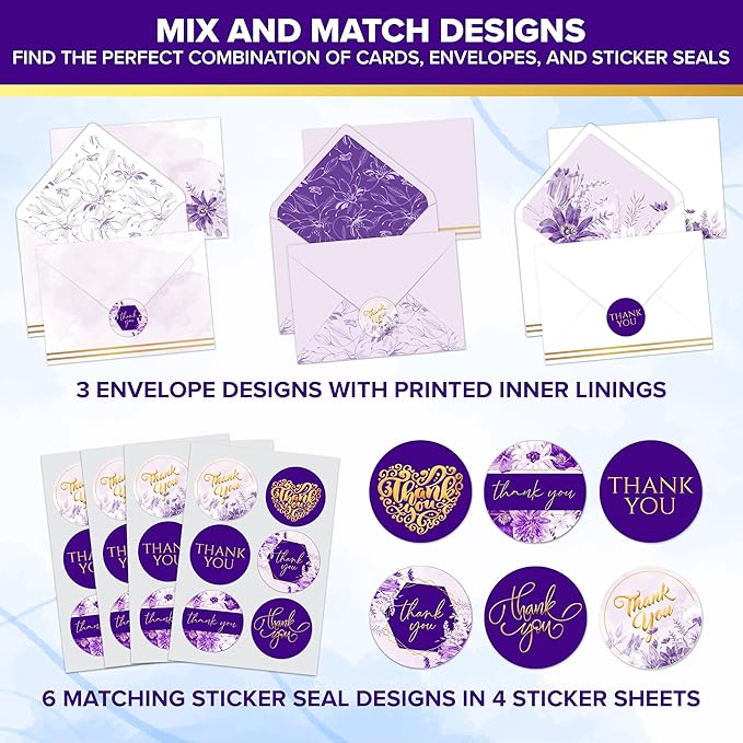 Decorably 24 Pack Gold-Foiled 6x4in Purple Thank You Cards with Envelopes and Stickers, 6 Elegant Designs Lavender Thank You Cards, Blank Inside - Wedding, Baby Shower