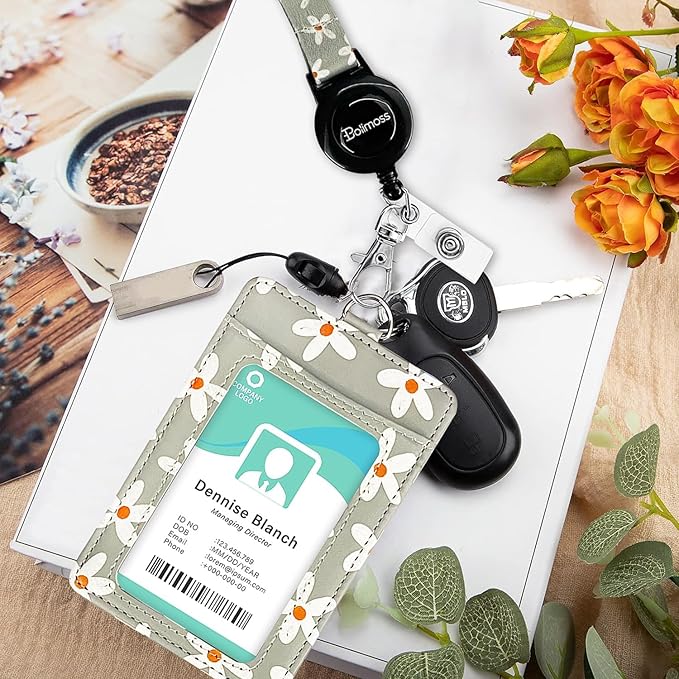 bolimoss Cute Flowers Lanyard for ID Badge Card, Breakaway Neck Lanyards with Retractable Badge Reels Quick-Release Buckles and Adjustable Straps with Leather Card Badge Holders