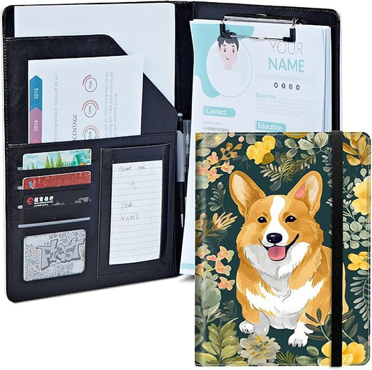 Dog Flower Padfolio Folder with Clipboard,Portfolios Organizer Clipboards with Storage Clipboard Writing Pad PU Leather Conference Document Organizer with Business Card Holder