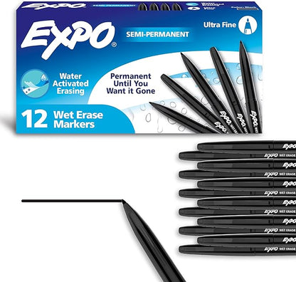 EXPO Wet Erase Markers, Semi-Permanent Markers, Black, Ultra Fine Tip, 12 Count