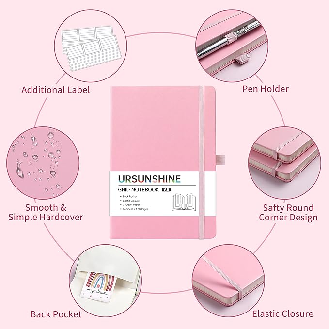 Graph Grid Paper Notebook/Journal - Classic Journal/Notebook with Ribbon Divider, Hardcover with Thick Paper, 5.3" x 8.26", Banded + Pen Holder +Inner Pocket - Pink