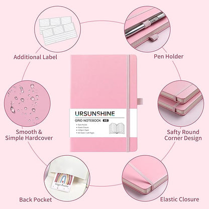 Graph Grid Paper Notebook/Journal - Classic Journal/Notebook with Ribbon Divider, Hardcover with Thick Paper, 5.3" x 8.26", Banded + Pen Holder +Inner Pocket - Pink