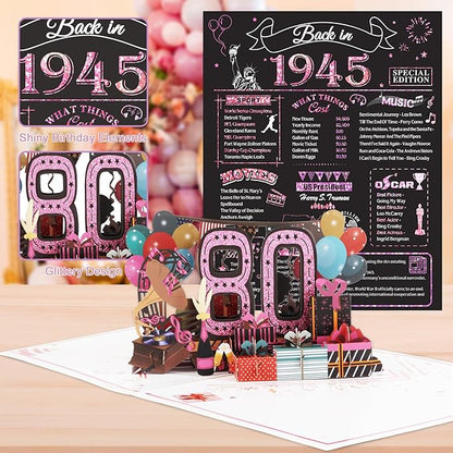 80th Birthday Card for Women, Jumbo 3D Pop Up 80th Birthday Gifts for Mom Grandma, Back In 1945 Happy 80 Year Old Sister Birthday Decorations Cards Card for Her, Rose Gold