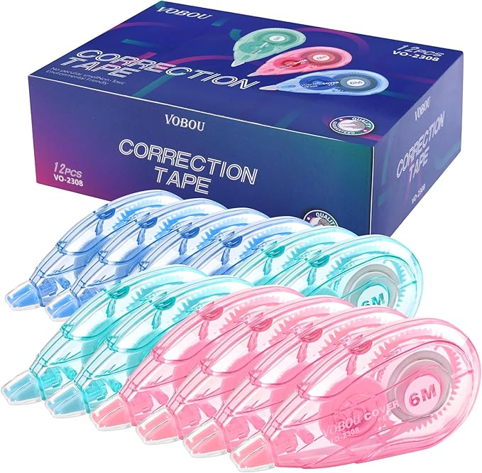 White Correction Tape, Easy To Use Applicator for Instant Corrections, For school, Office (Blue,Green,Pink, 12pack, 6M/256" x 0.2")