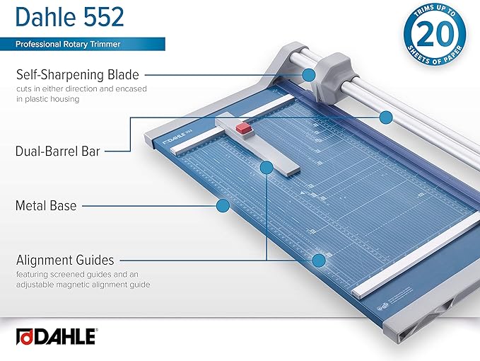Dahle 552 Professional Rotary Trimmer, 20" Cut Length, 20 Sheet Capacity, Self-Sharpening, Dual Guide Bar, Automatic Clamp, German Engineered Paper Cutter