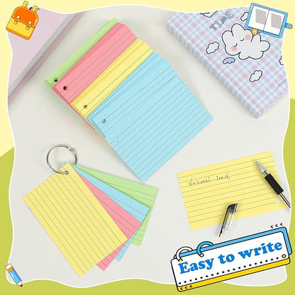 Colored Index Cards 3x5 Inches Flash Cards with Ring Lined Flashcards Note Cards for Studying School Supplies College, 200 Count