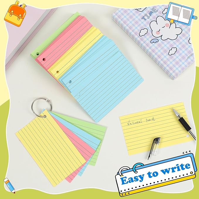 Colored Index Cards 4x6 Inches Flash Cards with Ring Lined Flashcards Heavy Note Cards for Studying School Supplies, 200 Count