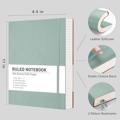 RETTACY Journaling Notebooks, A4 Lined Notebook Journal with 320 Pages, 8.5" × 11", Large Size, Notebook Journal for Work, School, Writing, Leather Softcover, 100 GSM Thick Paper (Blue-gray)