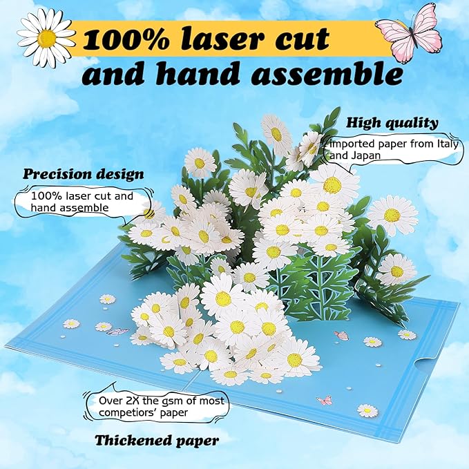 3D Daisy Flowers Pop Up Card for Teacher Appreciation Gifts, Thank You, Congratulations, Suitable for Mom, Daughter, Wife, Grandma