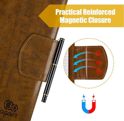 A4 Leather Portfolio Professional Organizer Padfolio,Stylish Document Folio Organizer with Magnetic,Resume Portfolios with Papers,Sticky Tabs,Pen for Interview Conference Presentation,Retro Brown