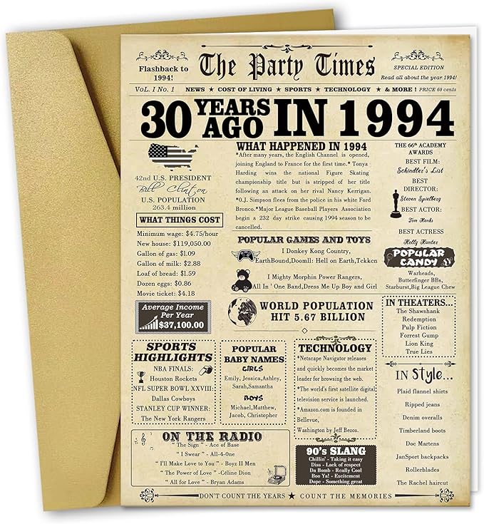 Vintage 30th Birthday Card Gifts for Women Men,Happy 30 Year Old Birthday Party Decorations for Husband Wife,Jumbo 30th Anniversary Wedding Gifts Card for Him Her,Back in 1994