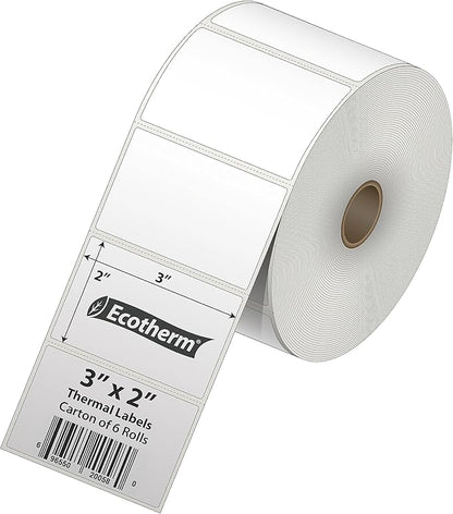 3" x 2" Thermal Labels | 6 Rolls | 7440 Labels | fits Zebra, Munbyn, Rollo, Godex, Arkscan, iDPRT, Offnova Thermal Label Printers and More | Blank White Adhesive Stickers by Ecotherm