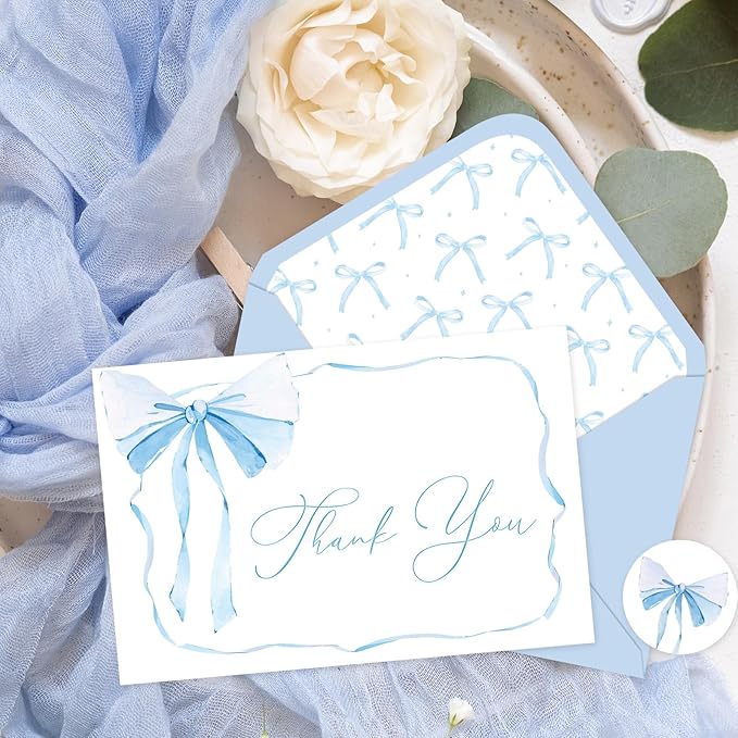 Whaline 24 Packs Blue Bow Thank You Cards Coquette Bowknot Greeting Cards Blank Note Cards with Envelopes and Stickers for Birthday Wedding Baby Shower, 4 x 6 Inch