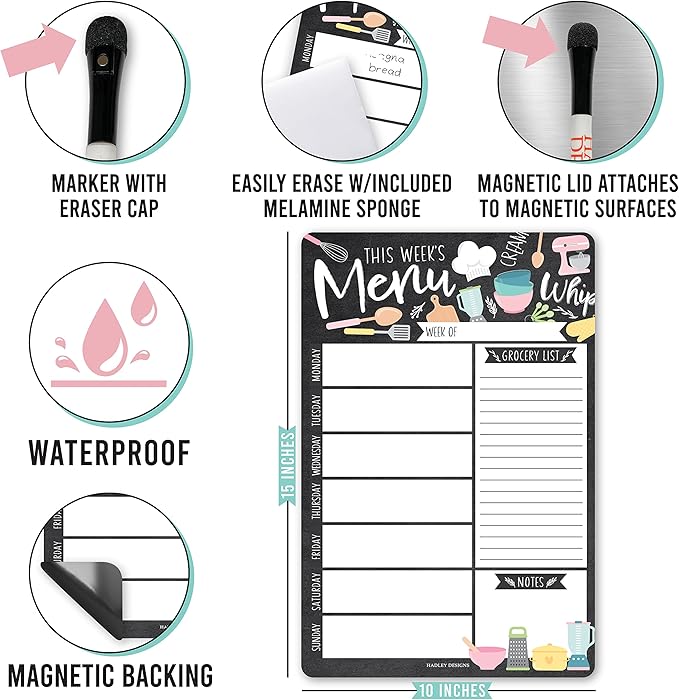 Doodle Magnetic Weekly Meal Planner Dry Erase Board for Refrigerator - Magnetic Meal Planner for Refrigerator Dry Erase, Weekly Dinner Menu Board for Kitchen Conversion Chart Magnet, Grocery List…