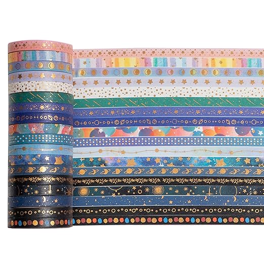 YUBX Skinny Galaxy Washi Tape Set 30 Rolls Gold Foil Decorative Starry Space Masking Tapes for Arts, DIY Crafts, Journals, Planners, Scrapbook, Wrapping