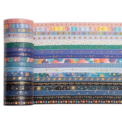 YUBX Skinny Galaxy Washi Tape Set 30 Rolls Gold Foil Decorative Starry Space Masking Tapes for Arts, DIY Crafts, Journals, Planners, Scrapbook, Wrapping