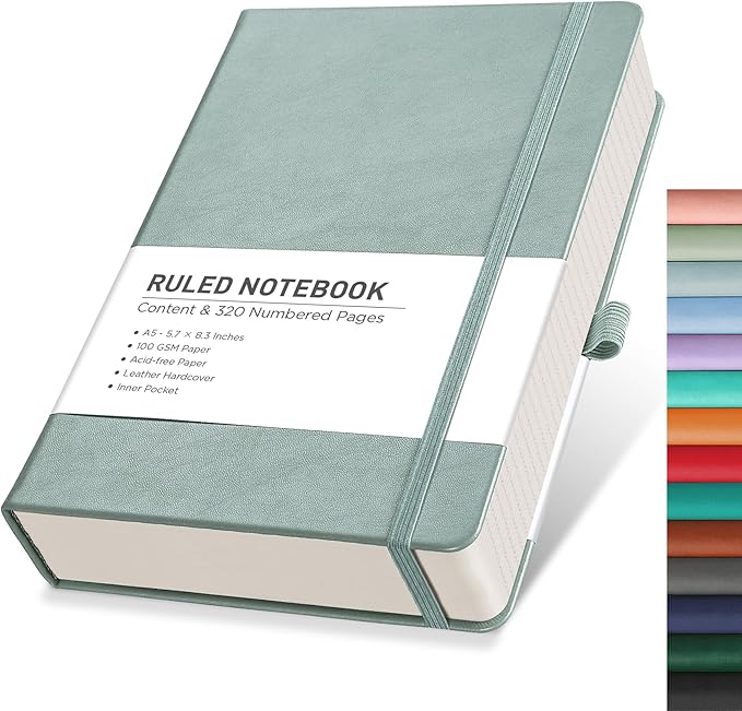 RETTACY Journaling Notebooks, A5 Lined Notebook Journal with 320 Numbered Pages, 5.7'' × 8.3'', Medium Size, Journal Notebook for Writing, Work, Leather Hardcover, 100 GSM Thick Paper (Blue-gray)