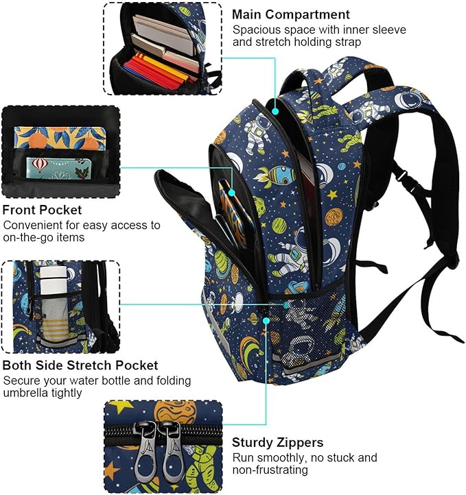 MNSRUU Laptop Backpack with Chest Strap, Astronauts and Alien in Space School Backpack, Travel Hiking Backpack for Boys Girls Teen Adult, Rucksack, Knapsack