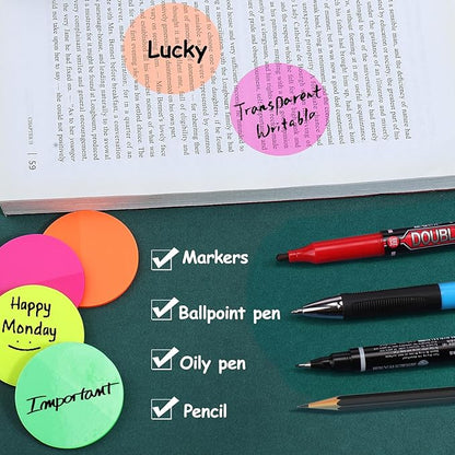 Juome Transparent Sticky Notes, 400Pcs Bright Neon Round Clear Sticky Tabs, Cute Circle Translucent Book Markers Page Flags Stickers Bible Journaling Accessories Aesthetic Office School Study Supplies