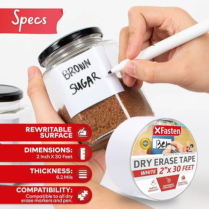 XFasten Dry Erase Tape White 2-Inch x 30-Feet Zero Smudging Ghosting-Free Whiteboard Tape, Reusable Dry Erase Labels for Storage Bins, Sentence Strips for Teachers