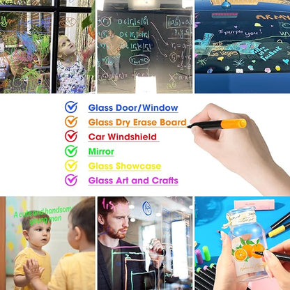 24 Liquid Chalk Markers 12 Colors for Acrylic Calendar Planning Boards Glass Dry Erase Board Whiteboard Wet Erase Markers for Window Mirror, 1mm Fine Points, for Glass Window Halloween Painting