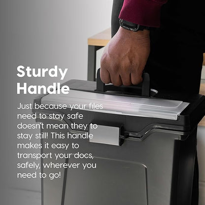 IRIS USA File Box with Lid File Organizer for Letter File w/ Organizer-Lid, Water Resistant Document Box, Plastic Mobile Filing Organizer, Secure Buckle, Portable Handle, Lockable, Black 4 Pack