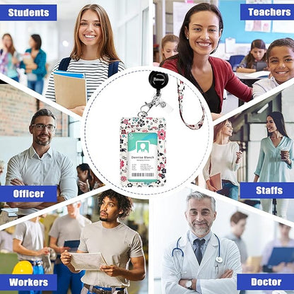 bolimoss ID Badge Holder with Adjustable Lanyard and Retractable Reel, Cute Flower Leather Card Name Tag Lanyard Vertical ID Protector Bage Clips for Nurse Doctor Teacher Student