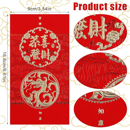 36PCS Chinese Red Envelopes, Chinese New Year Red Envelopes 2024 Dragon Lucky Money Red Packet Envelopes Hong Bao with Classic Chinese Patterns and Blessing Words (6 Styles)