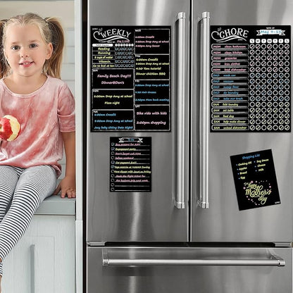 Magnetic Chalkboard Weekly Planner - Reward Chore Chart Blackboard Combo Set with Neon Bright Liquid Chalk Markers - Bonus Grocery List and Notepad Blackboard for Refrigerator Included