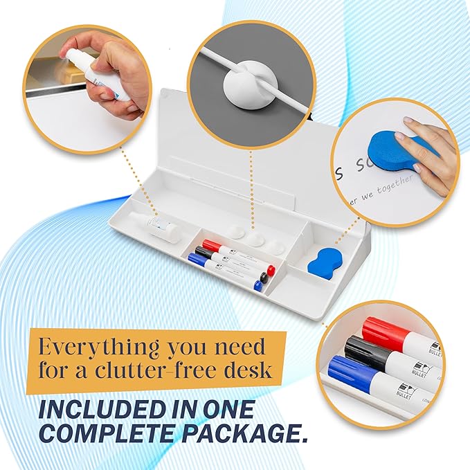 15-Inch Desktop Whiteboard - Glass Dry Erase Board for Desk Whiteboard with Stand with 3 Markers, Spray Bottle, 3 Cable Holders & Storage Box Work from Home Office Gadgets, White