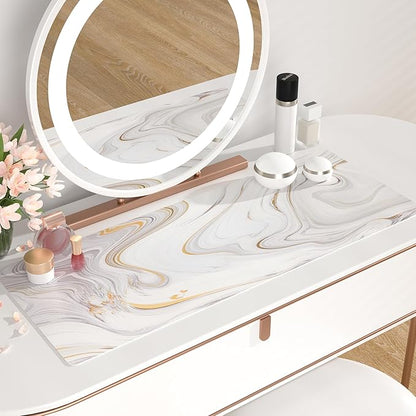 QIYI White Mouse Pad, Cute Marble Large Desk Mat, PU Leather Desk Protector Mousepad, Gold Grey Striped Waterproof Computer Keyboard Gaming Mouse Pads, Non Slip Extended Writing Pad 31.5" x 11.8"