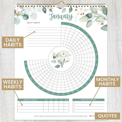 bloom daily planners Hanging Habit Tracking Calendar – Undated 12 Month Inspirational Habit Tracker for Daily, Weekly & Monthly Goals (8” x 10”) Motivational Productivity Tool - Greenery