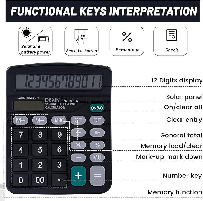 Golcellia Calculators Desktop, Black Calculator, Cute Calculator 12 Digit Desk Calculator Large Display, Dual Power Solar Battery, Office Home School Supplies for Adults & Students