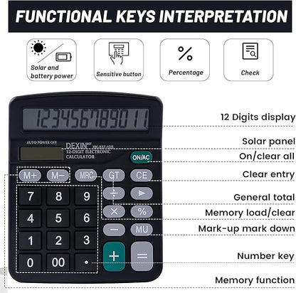 Golcellia Calculators Desktop, Black Calculator, Cute Calculator 12 Digit Desk Calculator Large Display, Dual Power Solar Battery, Office Home School Supplies for Adults & Students