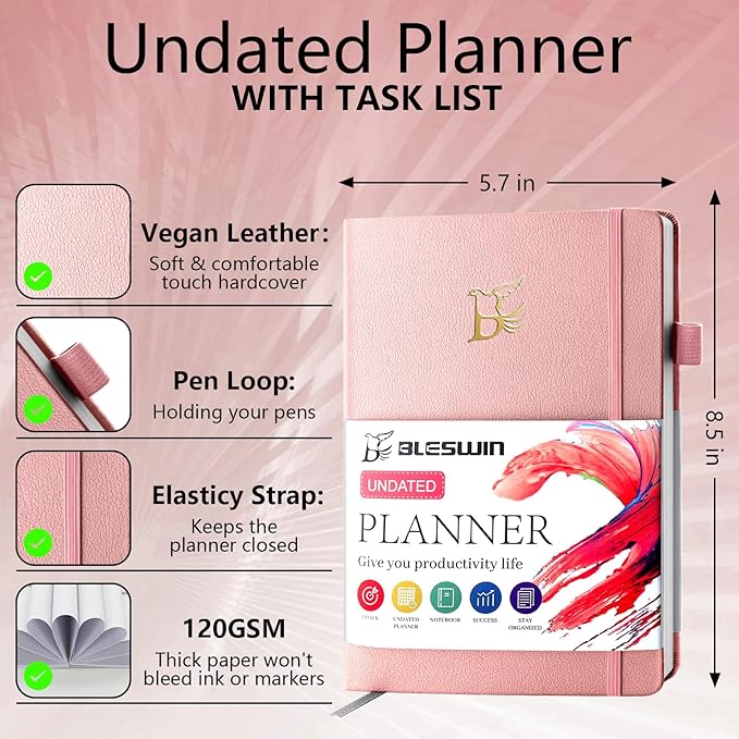 Undated Weekly Monthly Planner, Weekly Monthly Hardcover Planner with Goal & Habit Tracker Organizer, A5 Daily Planner Notebook Leather Cover