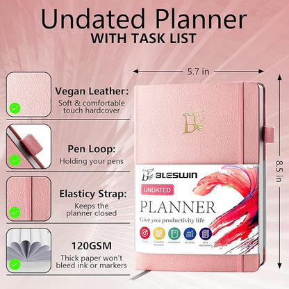 Undated Weekly Monthly Planner, Weekly Monthly Hardcover Planner with Goal & Habit Tracker Organizer, A5 Daily Planner Notebook Leather Cover