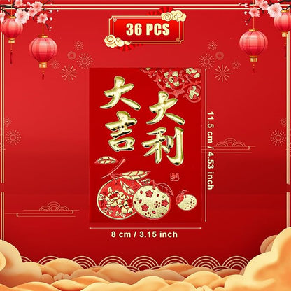 36pcs Chinese Red Envelopes, New Year Hong Bao with Classic Patterns and Blessing Words Lucky Money Lunar New Year Envelopes Lai See Pocket Gift Packet for Festival