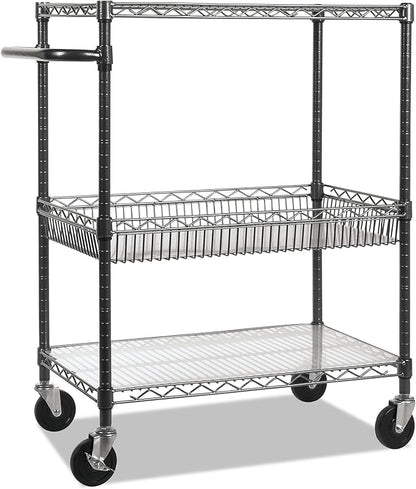 Alera Three-Tier Wire Cart, 34" x 18" x 40", Black