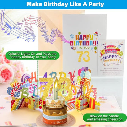 Gumry 73RD Musical Birthday PopUp Card, Blowable Colorful Light Candle 3D Cards with Song, Applause Cheers Sound, Greeting Cards Birthday Gifts Decorations for Women Men Turning 73 Years Old