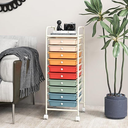 Storage Cart, Rolling Utility Cart with 10 Drawers, Portable Handles & Lockable Wheels, Mobile Paper Toys Storage Organizer Large Capacity for Home Office School Teacher (Macaron)