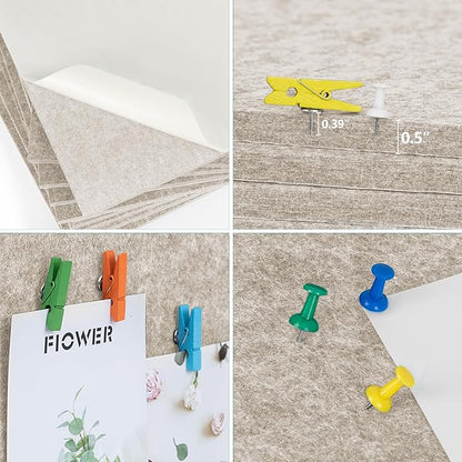 AKTOP Cork Bulletin Board 12x12, 1/2" Thick Felt Cork Board Tiles 12 Pack, Small Square Pin Board for Wall, Self Adhesive Corkboards with 120 Push Pin Wood Clips for School, Home & Office, Latte