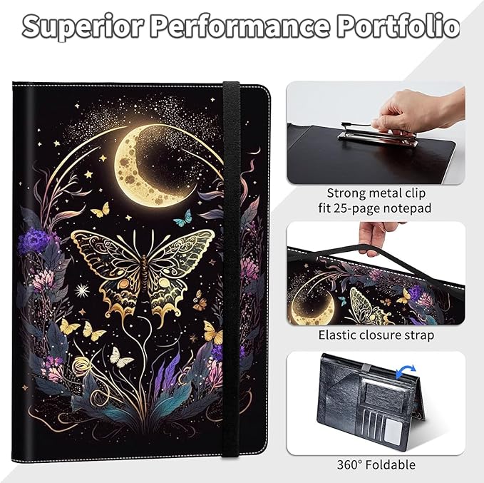Padfolio/Portfolio Folder Clipboard,Butterfly Flowers & Gold Moon Personalized Leather Portfolio Padfolio for Men Women W/Resume Document Organizer Letter Size A4 Writing Pad Business Card Holders