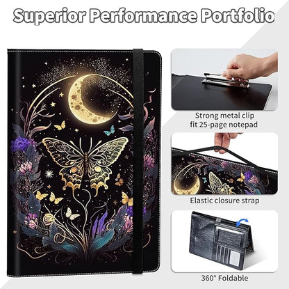 Padfolio/Portfolio Folder Clipboard,Butterfly Flowers & Gold Moon Personalized Leather Portfolio Padfolio for Men Women W/Resume Document Organizer Letter Size A4 Writing Pad Business Card Holders